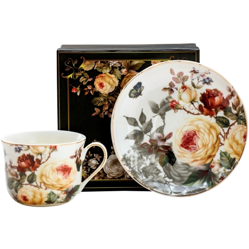 ZESTAW Porcelanowa filiżanka 420 ml ze spodeczkiem Do KAWY HERBATY - KWIATY