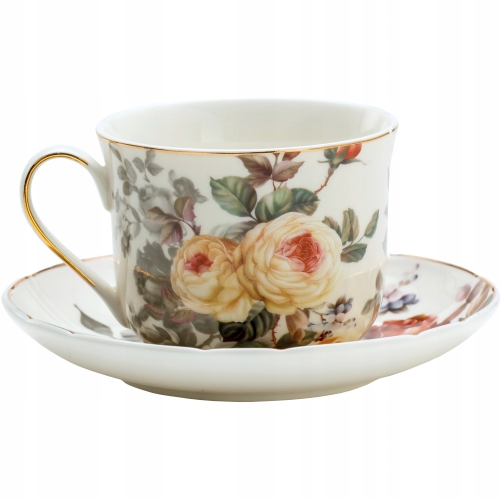 ZESTAW Porcelanowa filiżanka 420 ml ze spodeczkiem Do KAWY HERBATY - KWIATY