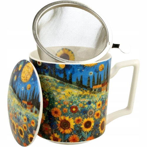 PORCELANOWY Kubek 450 ml z Zaparzaczem do HERBATY ZIÓŁ - MODERN SUNFLOWER
