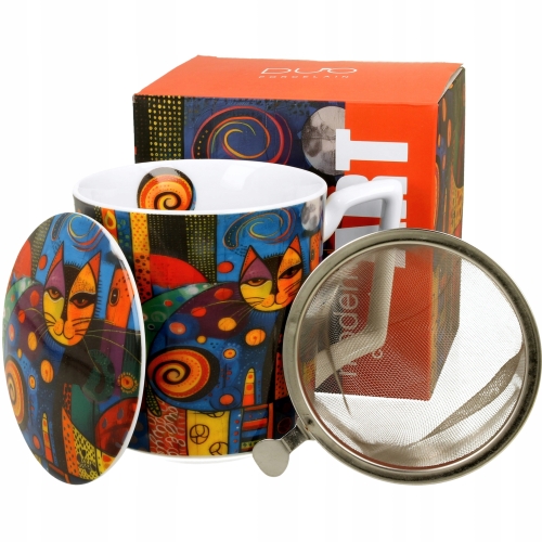 PORCELANOWY Kubek 450 ml z Zaparzaczem do HERBATY ZIÓŁ - MODERN CAT