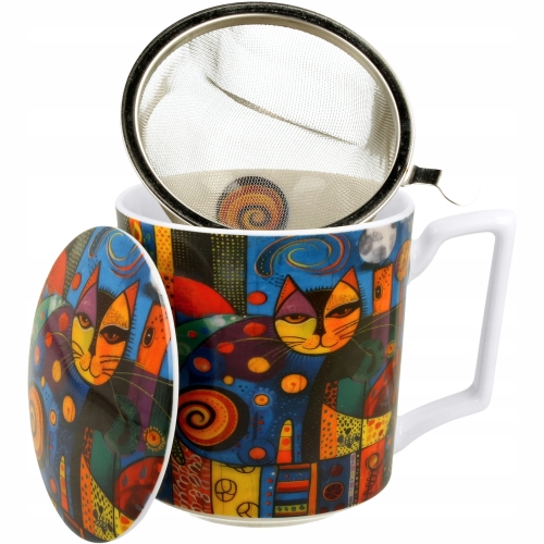 PORCELANOWY Kubek 450 ml z Zaparzaczem do HERBATY ZIÓŁ - MODERN CAT