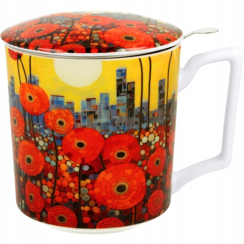 PORCELANOWY Kubek 450 ml z Zaparzaczem do HERBATY ZIÓŁ - MODERN POPPIES