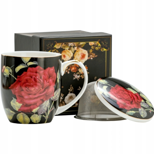 Porcelanowy Kubek z Zaparzaczem i Pokrywką do HERBATY ZIÓŁ 420 ml - RÓŻE