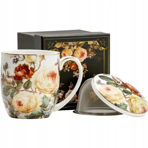 Porcelanowy Kubek z Zaparzaczem i Pokrywką do HERBATY ZIÓŁ 420 ml - RÓŻE