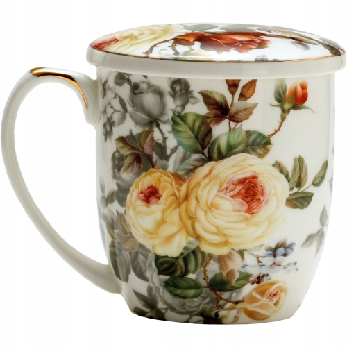 Porcelanowy Kubek z Zaparzaczem i Pokrywką do HERBATY ZIÓŁ 420 ml - RÓŻE