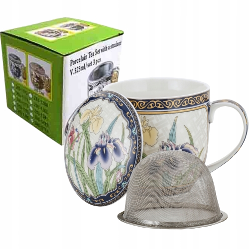 Porcelanowy Kubek 320 ml z Pokrywką i Zaparzaczem - KOLOROWE KWIATY