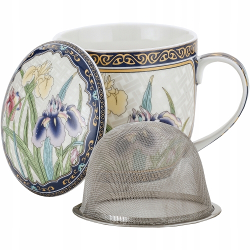 Porcelanowy Kubek 320 ml z Pokrywką i Zaparzaczem - KOLOROWE KWIATY