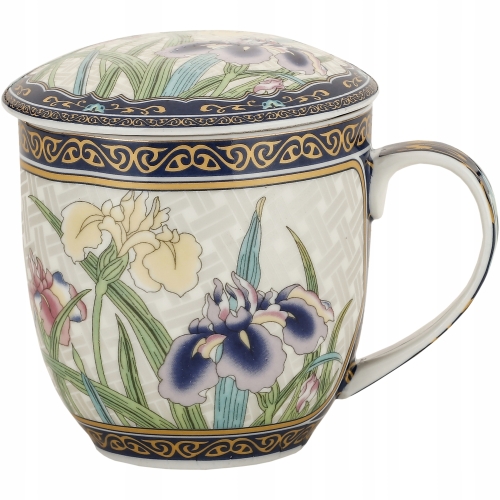 Porcelanowy Kubek 320 ml z Pokrywką i Zaparzaczem - KOLOROWE KWIATY