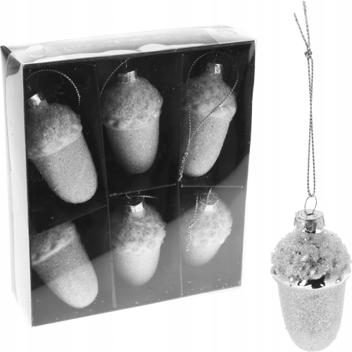 Bombki SZKLANE bombka 6,5 x 4cm Ozdoby choinkowe SREBRNE ŻOŁĘDZIE - 6 sztuk