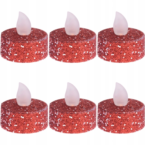 Świeczki Lampki LED T-Light Tealight CZERWONE Z BROKATEM - zestaw 6 sztuk