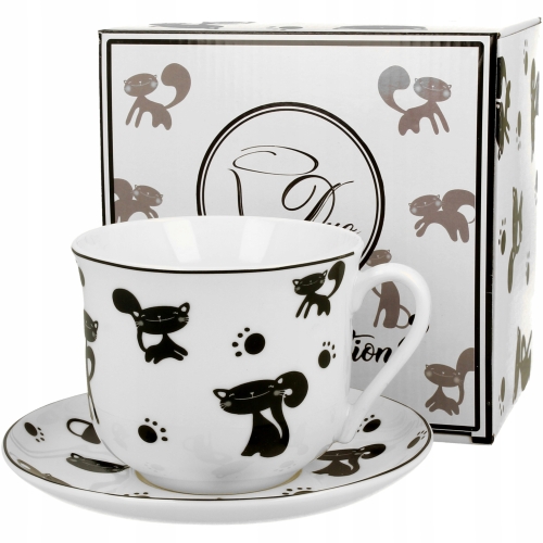 PORCELANOWA Filiżanka jumbo 450ml ze spodkiem do KAWY HERBATY - CZARNE KOTY