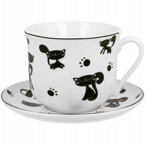 PORCELANOWA Filiżanka jumbo 450ml ze spodkiem do KAWY HERBATY - CZARNE KOTY