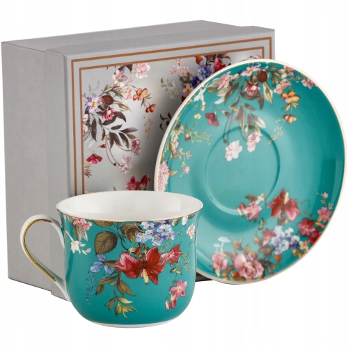 ZESTAW Porcelanowa filiżanka 400 ml ze spodeczkiem Do KAWY HERBATY - KWIATY