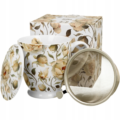 Porcelanowy Kubek 500 ml z Zaparzaczem do HERBATY ZIÓŁ - ROSES WHITE