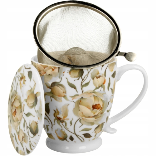 Porcelanowy Kubek 500 ml z Zaparzaczem do HERBATY ZIÓŁ - ROSES WHITE