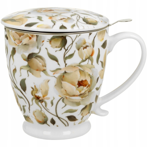 Porcelanowy Kubek 500 ml z Zaparzaczem do HERBATY ZIÓŁ - ROSES WHITE