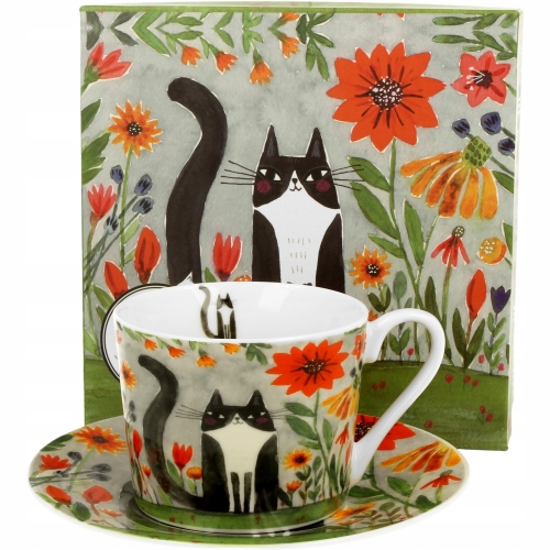 Porcelanowa filiżanka 230 ml ze spodkiem Do KAWY HERBATY - Koci Świat ŁĄKA