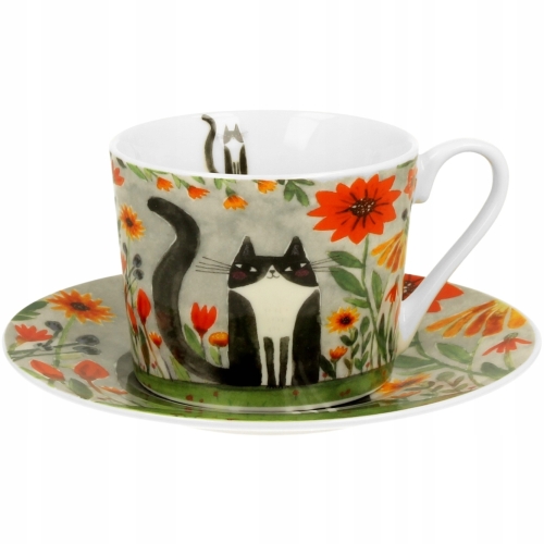 Porcelanowa filiżanka 230 ml ze spodkiem Do KAWY HERBATY - Koci Świat ŁĄKA