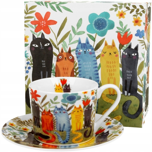Porcelanowa filiżanka 230 ml ze spodkiem Do KAWY HERBATY - KOTY OGRODOWE
