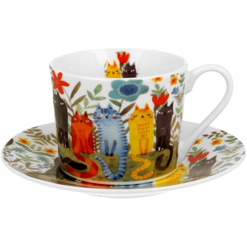 Porcelanowa filiżanka 230 ml ze spodkiem Do KAWY HERBATY - KOTY OGRODOWE
