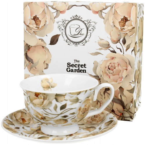 Porcelanowa filiżanka 250 ml ze spodkiem Do KAWY HERBATY - ROSES WHITE