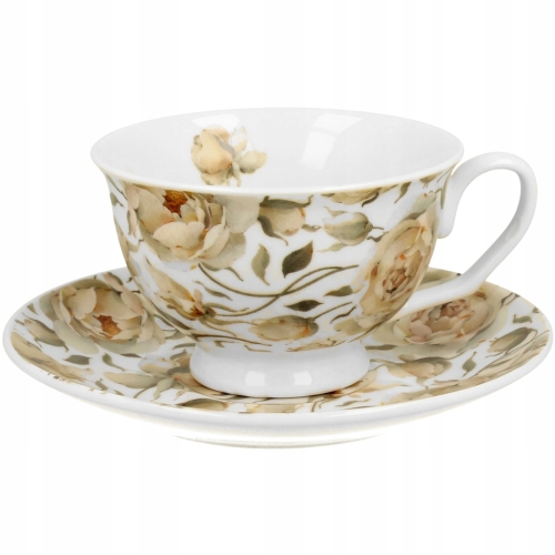 Porcelanowa filiżanka 250 ml ze spodkiem Do KAWY HERBATY - ROSES WHITE