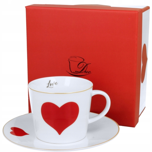 Porcelanowa filiżanka 250 ml ze spodkiem Do KAWY HERBATY - CZERWONE SERCE
