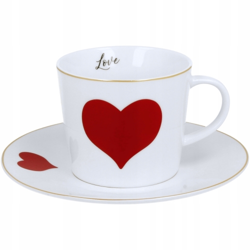 Porcelanowa filiżanka 250 ml ze spodkiem Do KAWY HERBATY - CZERWONE SERCE