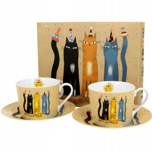 PORCELANA Zestaw Kawowy DWIE Filiżanki 230ml ze spodkami - Koci Świat PARTY