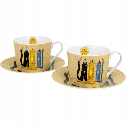PORCELANA Zestaw Kawowy DWIE Filiżanki 230ml ze spodkami - Koci Świat PARTY