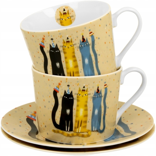 PORCELANA Zestaw Kawowy DWIE Filiżanki 230ml ze spodkami - Koci Świat PARTY