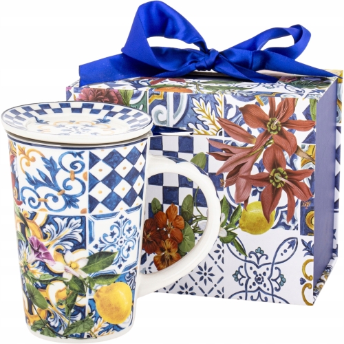 Porcelanowy Kubek z Zaparzaczem i Pokrywką do HERBATY ZIÓŁ 400 ml - CYTRYNY