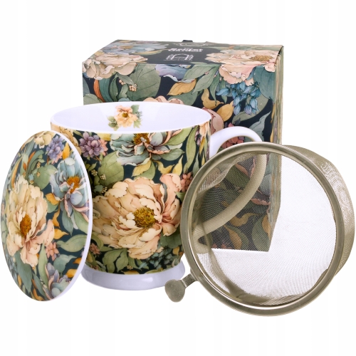 Porcelanowy Kubek 500 ml z Zaparzaczem do HERBATY ZIÓŁ - PEONY BLUE