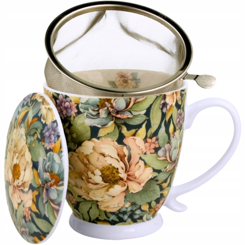 Porcelanowy Kubek 500 ml z Zaparzaczem do HERBATY ZIÓŁ - PEONY BLUE