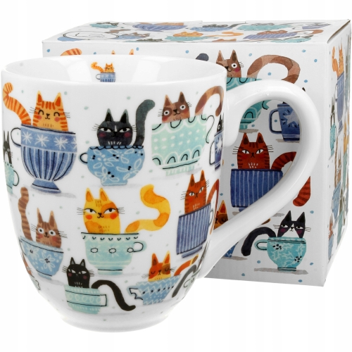 PORCELANOWY Kubek XXL 1000 ml do KAWY HERBATY Koci Świat KOTY W FILIŻANKACH