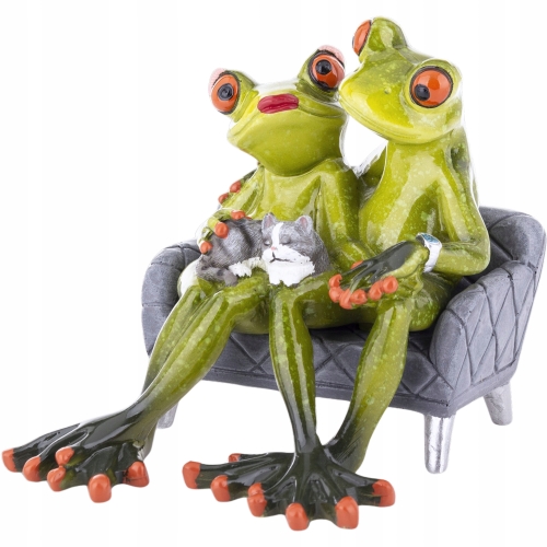 Ozdobna Figurka Żaba 12 x 10,5 x 12 cm - Dwie Żaby z KOTEM Na kanapie