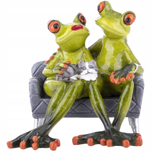 Ozdobna Figurka Żaba 12 x 10,5 x 12 cm - Dwie Żaby z KOTEM Na kanapie