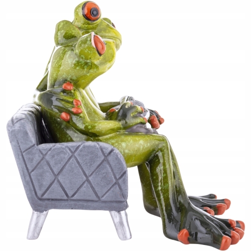 Ozdobna Figurka Żaba 12 x 10,5 x 12 cm - Dwie Żaby z KOTEM Na kanapie