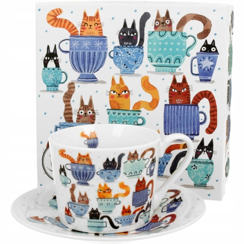 Porcelanowa filiżanka 230 ml ze spodkiem Do KAWY HERBATY KOTY W FILIŻANKACH