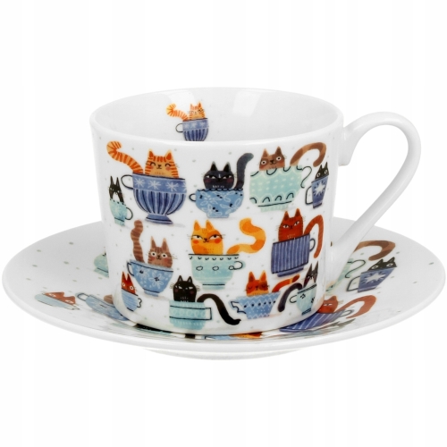 Porcelanowa filiżanka 230 ml ze spodkiem Do KAWY HERBATY KOTY W FILIŻANKACH