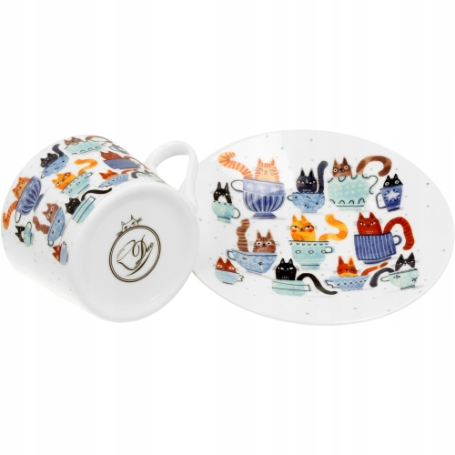 Porcelanowa filiżanka 230 ml ze spodkiem Do KAWY HERBATY KOTY W FILIŻANKACH