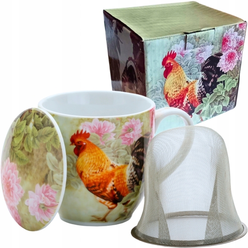 Porcelanowy Kubek 300 ml z Pokrywką i Zaparzaczem - KOGUT