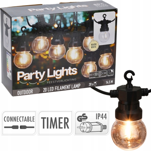 ZEWNĘTRZNE LAMPKI OGRODOWE Girlanda 20 żarówek LED, 230V, TIMER - 9,5 m