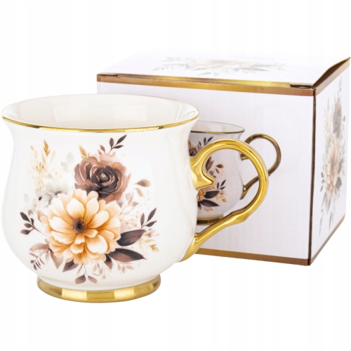 DUŻY Porcelanowy Kubek Filiżanka do KAWY HERBATY 430 ml, 10 x 9 cm - KWIATY