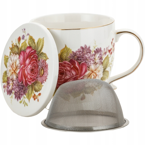 DUŻY Porcelanowy Kubek 500 ml z Pokrywką i Zaparzaczem - KOLOROWE KWIATY