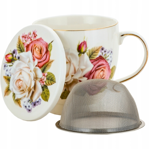 DUŻY Porcelanowy Kubek 500 ml z Pokrywką i Zaparzaczem - KOLOROWE KWIATY