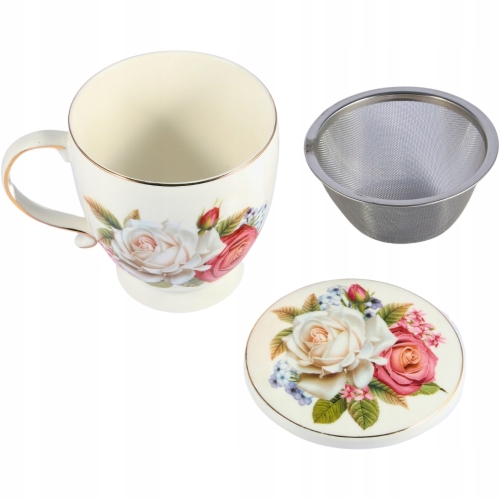DUŻY Porcelanowy Kubek 500 ml z Pokrywką i Zaparzaczem - KOLOROWE KWIATY
