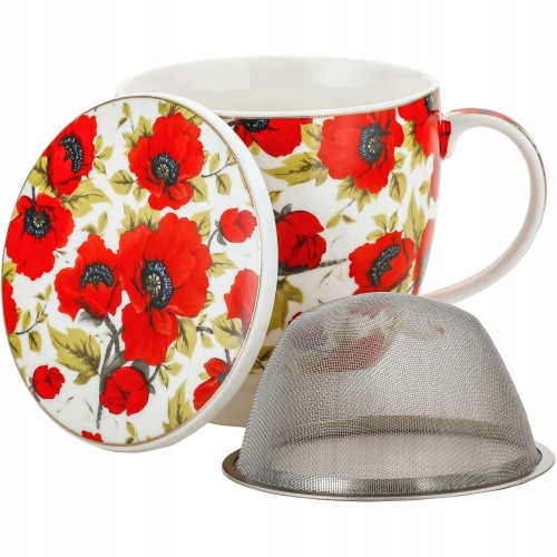 DUŻY Porcelanowy Kubek 500 ml z Pokrywką i Zaparzaczem - CZERWONE MAKI