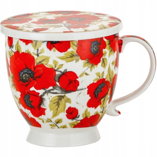DUŻY Porcelanowy Kubek 500 ml z Pokrywką i Zaparzaczem - CZERWONE MAKI