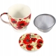 DUŻY Porcelanowy Kubek 500 ml z Pokrywką i Zaparzaczem - CZERWONE MAKI